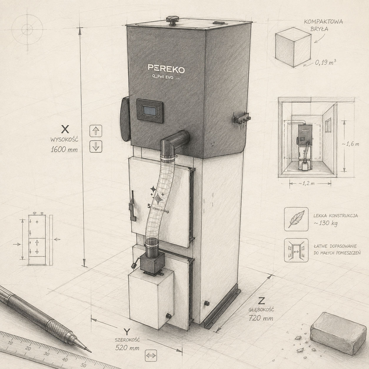 QMPELL EVO 8 kW — kompaktowa konstrukcja zaprojektowana do małych kotłowni