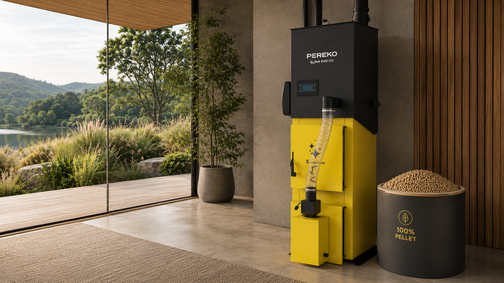 QMPELL EVO 8 kW w nowoczesnym wnętrzu z pelletem drzewnym